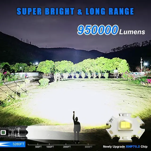 Alt view image 2 of 7 - Goreit Flashlights High Lumens Rechargeable, 950000 Lumen XHP70.2 LED Flashlight USB Super Bright Flash lights, High Powered Handheld Flashlights for Emergencies Camping, Waterproof, Adjustable Focus