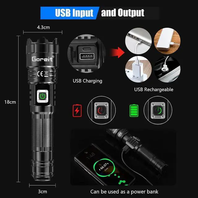 Alt view image 4 of 7 - Goreit Flashlights High Lumens Rechargeable, 950000 Lumen XHP70.2 LED Flashlight USB Super Bright Flash lights, High Powered Handheld Flashlights for Emergencies Camping, Waterproof, Adjustable Focus