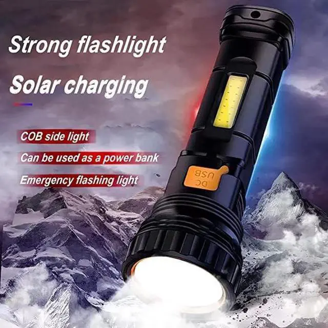 Alt view image 2 of 7 - 2pcs Solar/Rechargeable Multi Function 1000 Lumens LED Flashlight with Emergency Strobe Light and 1200 Mah Battery Emergency Power Supply and USB Charging Cable Fast Charging (2PC)