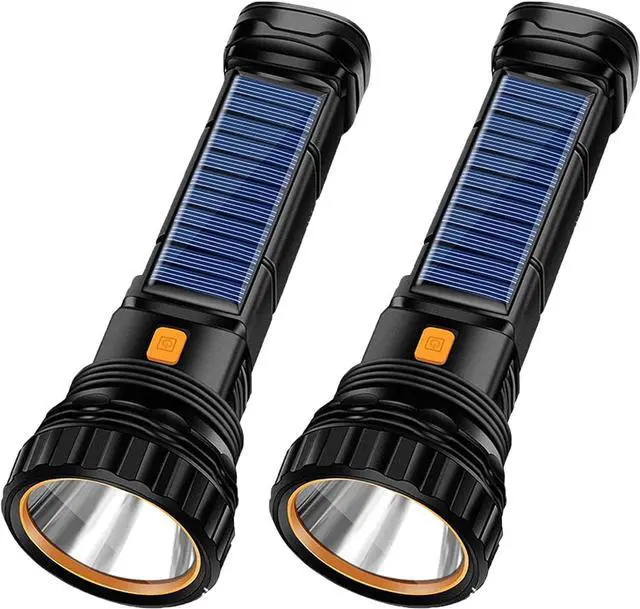 Main image of 2pcs Solar/Rechargeable Multi Function 1000 Lumens LED Flashlight with Emergency Strobe Light and 1200 Mah Battery Emergency Power Supply and USB Charging Cable Fast Charging (2PC)