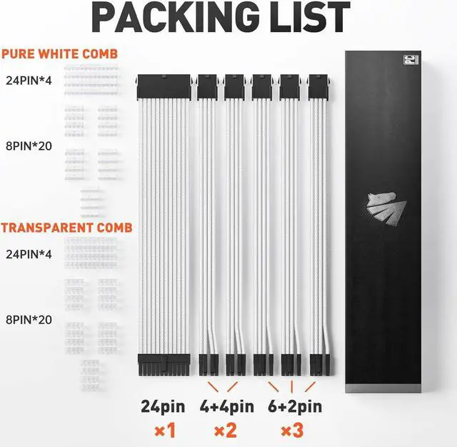 Alt view image 2 of 7 - AsiaHorse 16AWG Pro Power Supply Sleeved Cable, White Power Supply Extension Cable Dual EPS Kit, 1x24-PIN/ 2x8-PORT (4+4) M/B,3x8-PORT (6+2) PCI-E, 30cm Length with 2 Set of Combs