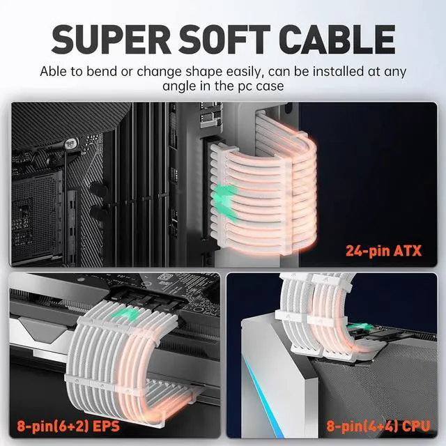 Alt view image 6 of 7 - AsiaHorse 16AWG Pro Power Supply Sleeved Cable, White Power Supply Extension Cable Dual EPS Kit, 1x24-PIN/ 2x8-PORT (4+4) M/B,3x8-PORT (6+2) PCI-E, 30cm Length with 2 Set of Combs