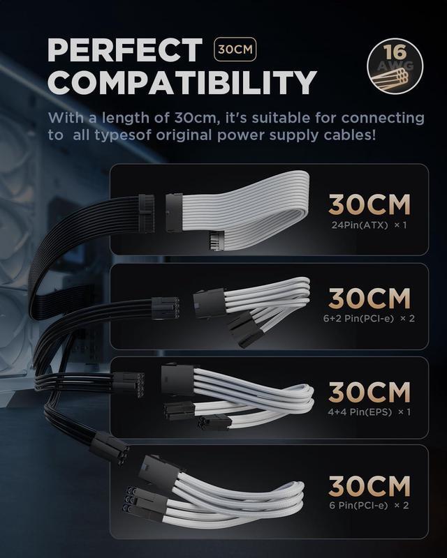Alt view image 7 of 7 - ASIAHORSE 16AWG PSU Cable Extension Power Cords, Customized Power Supply Mod Sleeve Extension Cable, ATX/EPS/8-pin PCI-E/6-pin PCI-E for PSU Cable (White)