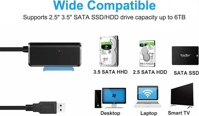 Alt view image 3 of 7 - SATA to USB 3.0 Adapter Cable for 2.5 3.5 inch HDD/SSD, Hard Drive Adapter Converter Support UASP Includes 12V/2A Power Adapter, Black