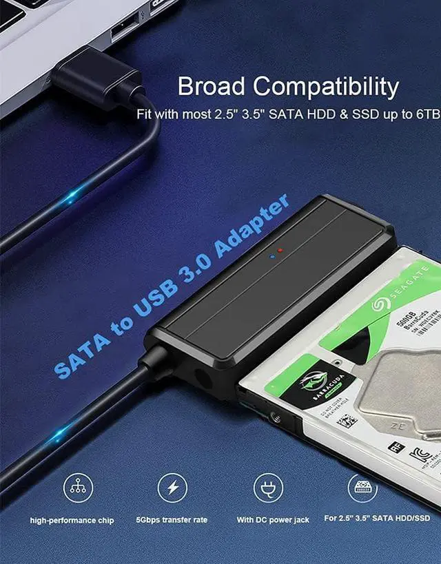 Alt view image 6 of 7 - SATA to USB 3.0 Adapter Cable for 2.5 3.5 inch HDD/SSD, Hard Drive Adapter Converter Support UASP Includes 12V/2A Power Adapter, Black