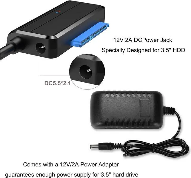 Alt view image 7 of 7 - SATA to USB 3.0 Adapter Cable for 2.5 3.5 inch HDD/SSD, Hard Drive Adapter Converter Support UASP Includes 12V/2A Power Adapter, Black