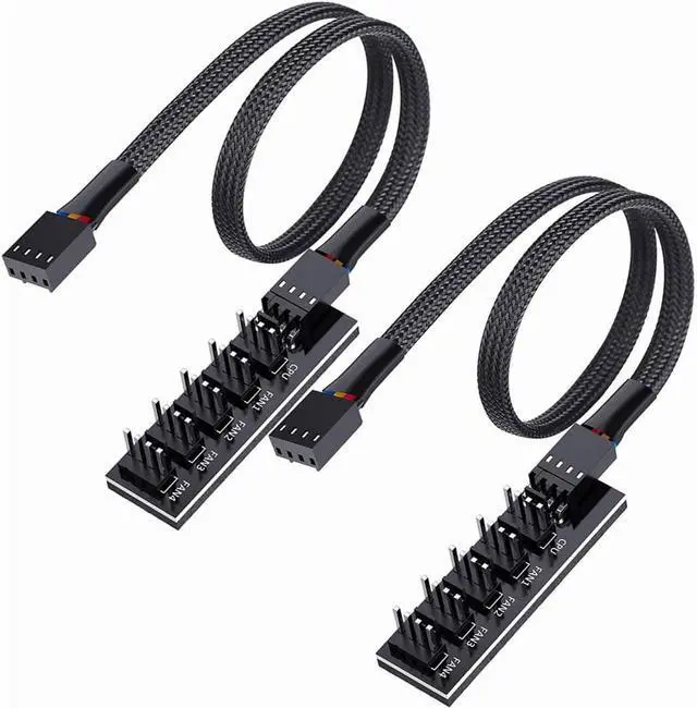 Main image of 2 Pack Cooling Fan 1 to 5 Hub, All 4 Pin Cooling Fans Power Extension Cable for PC Case Internal Motherboard Fan, 5 Way Splitter Wire for ATX Computer Case, Sleeved Braided (16 inches)