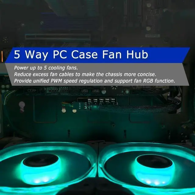 Alt view image 2 of 7 - 2 Pack Cooling Fan 1 to 5 Hub, All 4 Pin Cooling Fans Power Extension Cable for PC Case Internal Motherboard Fan, 5 Way Splitter Wire for ATX Computer Case, Sleeved Braided (16 inches)