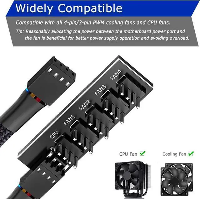 Alt view image 3 of 7 - 2 Pack Cooling Fan 1 to 5 Hub, All 4 Pin Cooling Fans Power Extension Cable for PC Case Internal Motherboard Fan, 5 Way Splitter Wire for ATX Computer Case, Sleeved Braided (16 inches)
