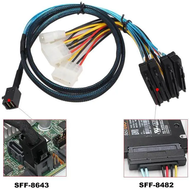 Alt view image 2 of 6 - Heretom SFF-8643 Internal Mini SAS HD to 4X 29pin SFF-8482 connectors Power Port 12GB/S Cable 1M