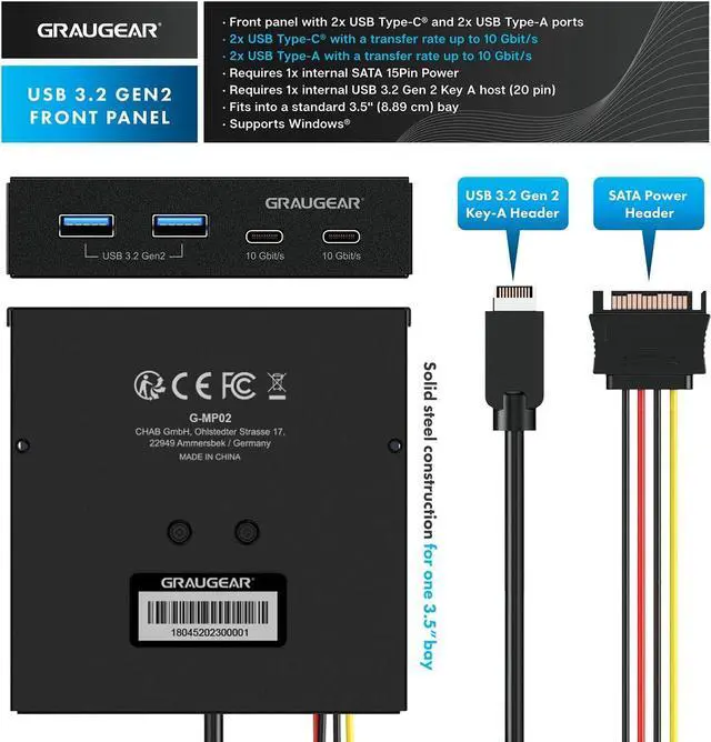 Alt view image 2 of 7 - GRAUGEAR 3.5 Inch Front Panel Hub, 4 Ports Internal Metal USB Hub, 2X USB-C 10Gbps and 2X USB 3.2 Gen 2 Ports, 20-pin Type-E Key-A Header & 15-Pin SATA Power Connector Required [G-MP02]