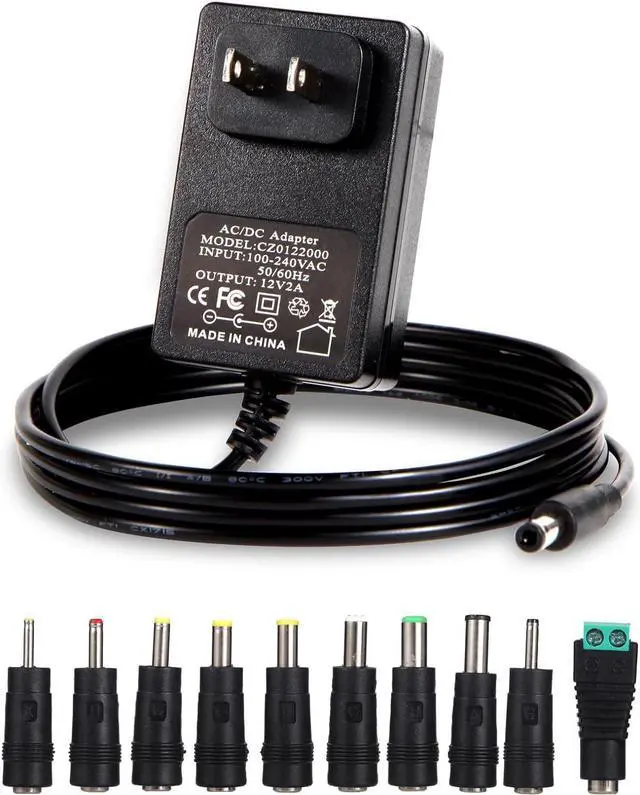 Main image of 12V 2A Power Adapter Charger AC 12V Regulated Power Supply DC in 12 Volts 2000mA Power Cord with 10 Interchangeable DC Plug for LED Strip Light CCTV Camera GPS Webcam Router BT Speaker