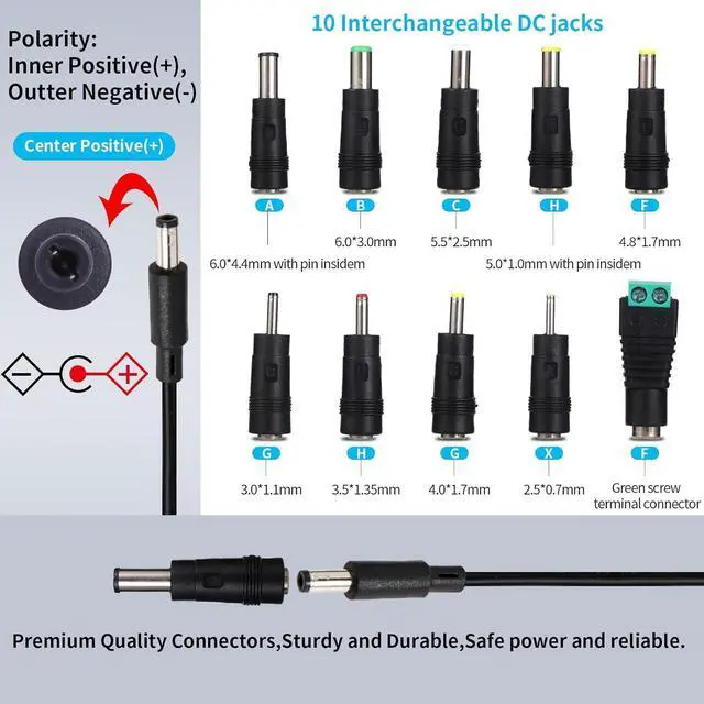 Alt view image 4 of 6 - 12V 2A Power Adapter Charger AC 12V Regulated Power Supply DC in 12 Volts 2000mA Power Cord with 10 Interchangeable DC Plug for LED Strip Light CCTV Camera GPS Webcam Router BT Speaker