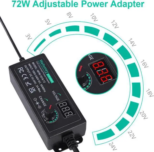 Alt view image 2 of 7 - 3V~24V 3A 72W Universal Power Supply 3V 5V 6V 9V 12V 15V 18V 20V 24V Adjustable Variable Switching AC/DC Adapter 100V-240V AC to DC Converter with 14 Tips & Polarity Converter & Test Lead 3 Prong