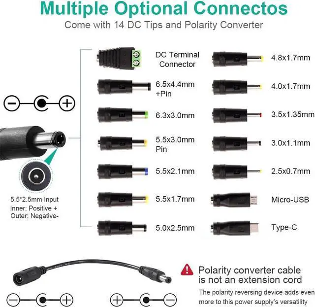 Alt view image 5 of 7 - Universal Power Supply 3V~24V 3A 72W Adjustable Variable 3V 5V 9V 12V 18V 20V 24V AC/DC Adapter Charger 100V-240V AC to DC Converter with 14 Tips Polarity Converter and 4-Way Power Splitter Cable