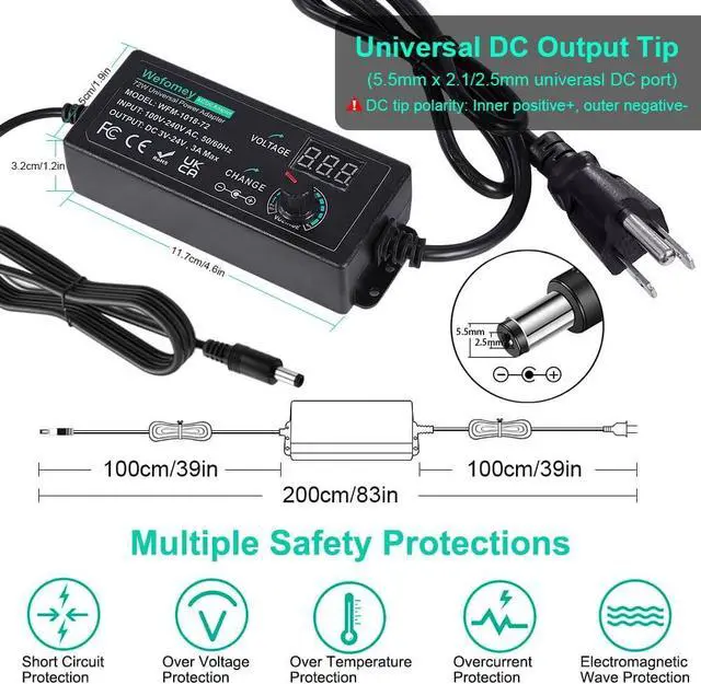 Alt view image 5 of 7 - 3V~24V 3A 72W Universal Power Supply 3V 5V 6V 9V 12V 15V 18V 20V 24V Adjustable Variable Switching AC/DC Adapter 100V-240V AC to DC Converter with 14 Tips & Polarity Converter & Test Lead 3 Prong