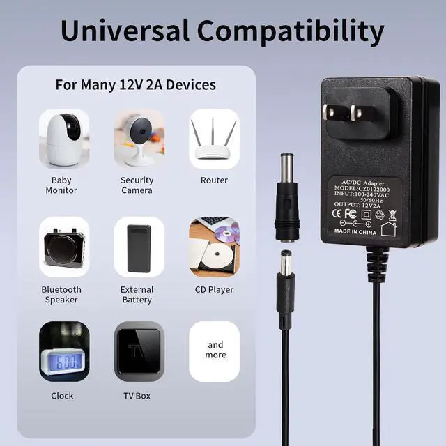 Alt view image 6 of 6 - 12V 2A Power Adapter Charger AC 12V Regulated Power Supply DC in 12 Volts 2000mA Power Cord with 10 Interchangeable DC Plug for LED Strip Light CCTV Camera GPS Webcam Router BT Speaker