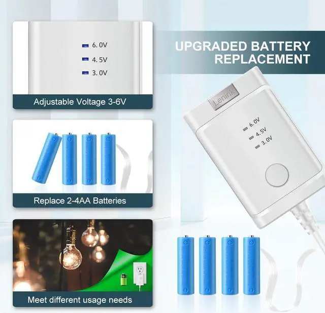 Alt view image 2 of 7 - Lenink Adjustable AC Power Supply Adapter for AA Batteries, 3V to 6V, LED Lights & Decorations (White)