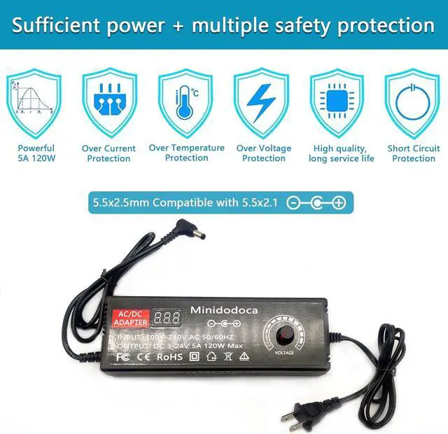 Alt view image 2 of 7 - 120W Power Supply Adjustable DC 3V ~ 24V Variable Universal Switching AC/DC Adapter Minidodoca AC to DC Converter with LED Voltage Display and 16 Tips, for 3V to 24V Household Electronics - 5000mA Max
