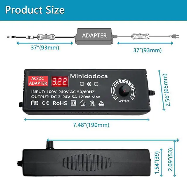 Alt view image 5 of 7 - 120W Power Supply Adjustable DC 3V ~ 24V Variable Universal Switching AC/DC Adapter Minidodoca AC to DC Converter with LED Voltage Display and 16 Tips, for 3V to 24V Household Electronics - 5000mA Max