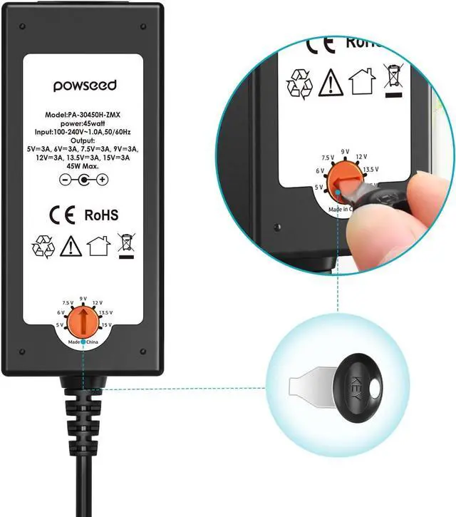 Alt view image 5 of 7 - POWSEED Universal AC Adapter 45W 5V 6V 7.5V 9V 12V 13.5V 15V DC Power Supply 1A 2A 3A for Household Electronics Routers CCTV IP Cameras Speaker LED Strips, 5FT Charger Cord