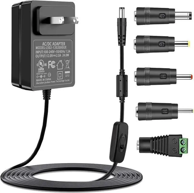 Main image of 12V 2A AC Adapter Power Supply with Switch UL Listed, 100-240V AC to DC 12VDC Power Cord Transformer Charger fit for 12Volts 2.0A 2000mA 1.5a 1500mA 1.0A 1000mA 0.5a 500mA 0.1A-2.0A.
