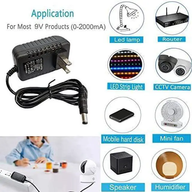 Alt view image 6 of 7 - 9V 2000mA Power Supply 100-240V AC to 9Volt DC 2A Switching Supply Power Adapter 5.5 X2.52.1mm US Plug AC Adapter Transformer Wall Adapter Black
