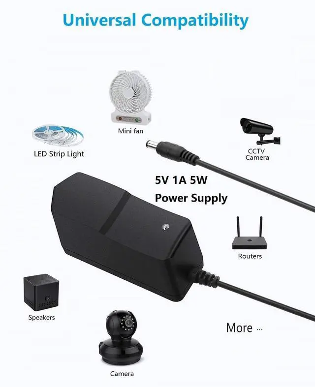 Alt view image 6 of 6 - 5V DC Power Supply 1A Universal AC Adapter 100-240 50/60Hz Adapter to 5 Volts 1Amp Transformer DC 5V Power Cord 5.5mm x 2.5mm Plug & 8 Tips
