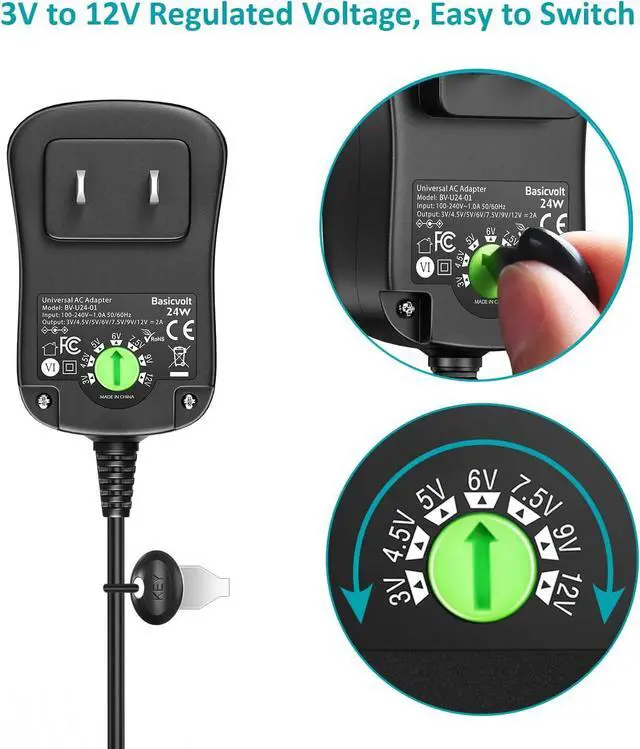 Alt view image 2 of 7 - 24W Universal AC/DC Adapter Multi-Voltage Regulated Switching Power Supply with 11 Selectable DC Plugs for 3V 4.5V 5V 6V 7.5V 9V 12V LED Strip Light CCTV Camera Speaker Router,2A Max