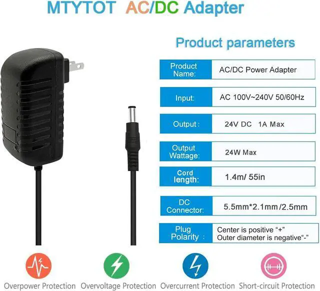 Alt view image 2 of 7 - DC 24V 1A Power Supply Adapter 24W AC Adapter 100-240V 50-60Hz to DC 24 Volts 1Amp 4.6ft Power Cord Transformer with 5.5mm X 2.5mm/2.1mm US Plug for DC24V 1A LED Strip Light CCTV Camera