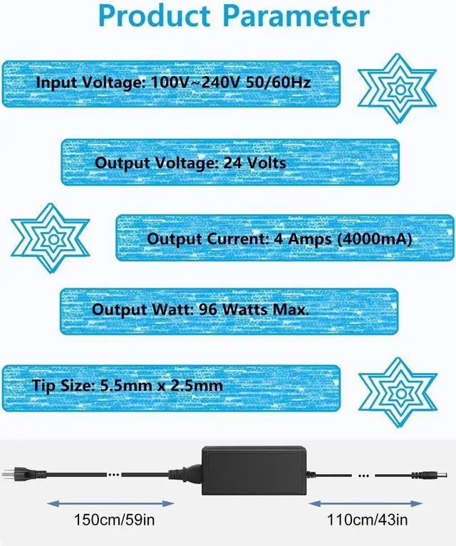 Alt view image 2 of 5 - 24V DC Power Supply 4A Universal AC Adapter, 100-240 50/60Hz Adapter to 24 Volts 4Amp Transformer, DC 24V Power Cord, 5.5mm x 2.5mm Plug