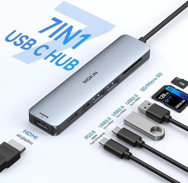 Alt view image 2 of 7 - MOKiN USB C Hub HDMI Adapter for MacBook Pro/Air, 7 in 1 USB C Dongle with HDMI, SD/TF Card Reader, USB C Data Port,100W PD, and 2 USB 3.0 Compatible for MacBook Pro/Air, Dell XPS, Lenovo Thinkpad.