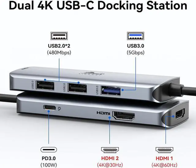 Alt view image 2 of 7 - USB C Docking Station Dual HDMI, USB C to Dual Monitors Adapter to Dual 4K HDMI, 3 USB, PD Charging Port, LIONWEI USB C Hub Dual Monitor for Dell XPS 13/15, Lenovo Yoga, HP x360 /Elitebook, etc