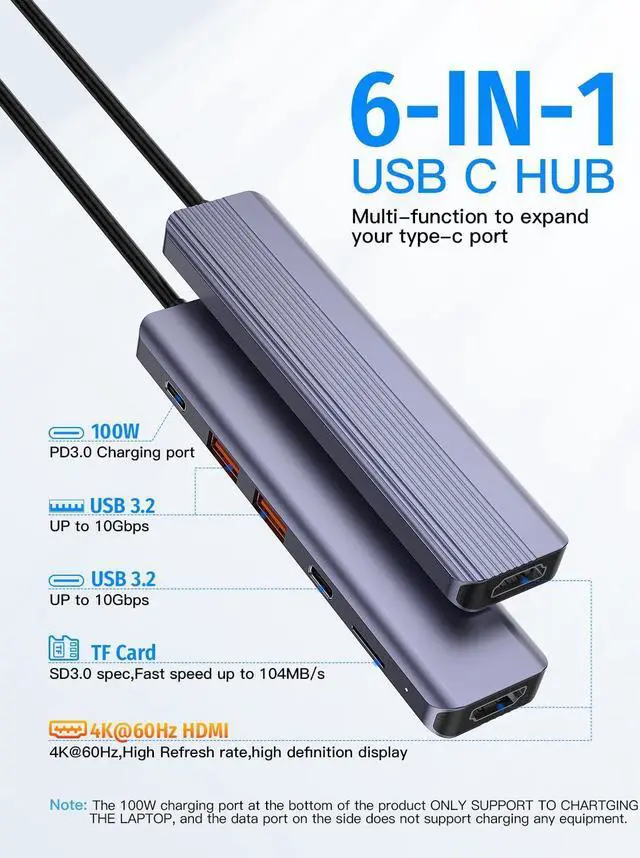 Alt view image 2 of 7 - Type C USB Hub, 10Gbps USB C Hub, USB C Splitter with 1 USB C 3.2 Gen 2 and 2 USB A 3.2 Gen 2 Data Ports, 4K@60HZ HDMI, 100W PD, Micro SD 3.0 Card Reader, for MacBook, XPS, Dell, Samsung