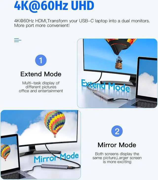Alt view image 4 of 7 - Type C USB Hub, 10Gbps USB C Hub, USB C Splitter with 1 USB C 3.2 Gen 2 and 2 USB A 3.2 Gen 2 Data Ports, 4K@60HZ HDMI, 100W PD, Micro SD 3.0 Card Reader, for MacBook, XPS, Dell, Samsung