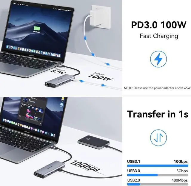 Alt view image 6 of 7 - USB C Laptop Docking Station Dual Monitor, 14 in 1 USB C Hub Multiport Adapter with 2 HDMI 4K, VGA, RJ45 Ethernet, 10 Gbps USB C/A, 100W PD, SD/TF, 3.5MM Audio&Mic for Dell HP Lenovo Surface