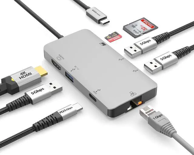 Main image of EZQuest USB C Hub Docking Station 8 in 1 with 4K HDMI, 1 Gbit Ethernet, 3 USB A 3.0 Ports, 1 USB-C PD/Data, SD/Micro SD for Work and Travel, Compatible with MacBook/Dell/HP/Lenovo/Laptops