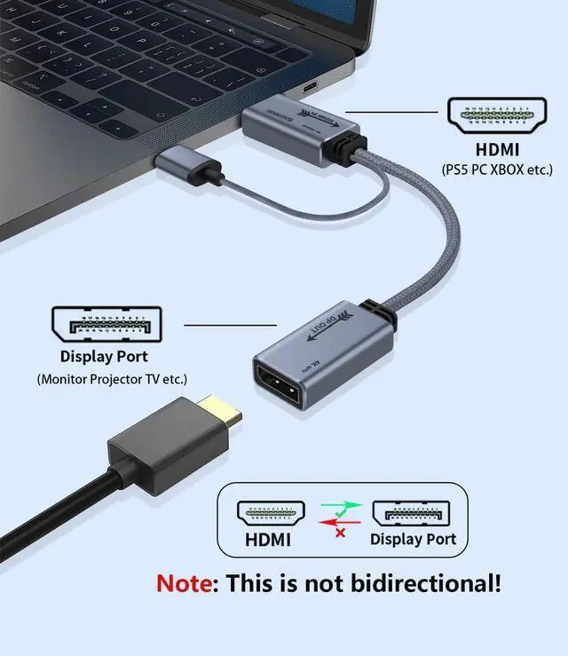 Alt view image 2 of 7 - HDMI to Displayport Adapter 4K@60Hz 2K@120Hz 1080P@165Hz HDMI Male Source to DisplayPort Female Monitor Cable HDMI to DP with USB Power Cable for PS5 Xbox Switch Laptop 20cm/0.65ft