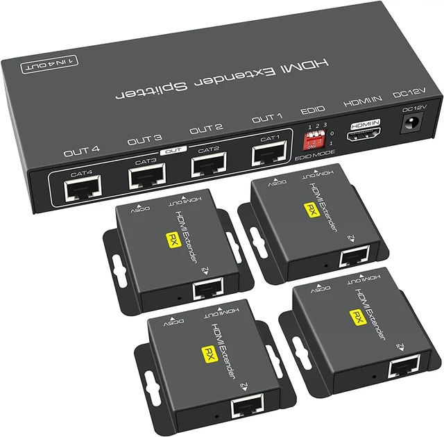 Main image of 1X2 Splitter Extend,HDMI Extender Splitter Up to 165ft 1 in 4 Out Over Cat5e/6/7 HDMI Repeater Ethernet Sender Transmitter Receiver Support 1080P