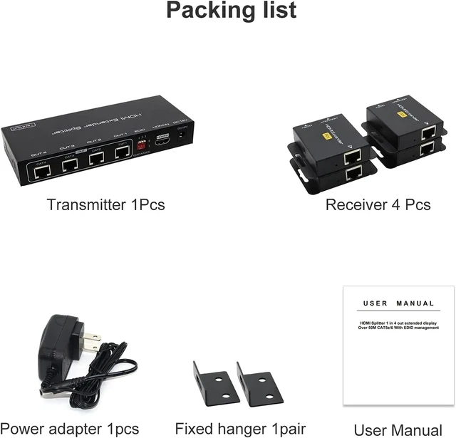 Alt view image 5 of 6 - 1X2 Splitter Extend,HDMI Extender Splitter Up to 165ft 1 in 4 Out Over Cat5e/6/7 HDMI Repeater Ethernet Sender Transmitter Receiver Support 1080P