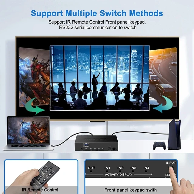 Alt view image 3 of 3 - ,HDMI 2.0 Switch 4k Kvm Switch 4 Port USB 3.0 KVM Switch 4x1 IR Remote Button Control Support Speacker Mic For USB Print