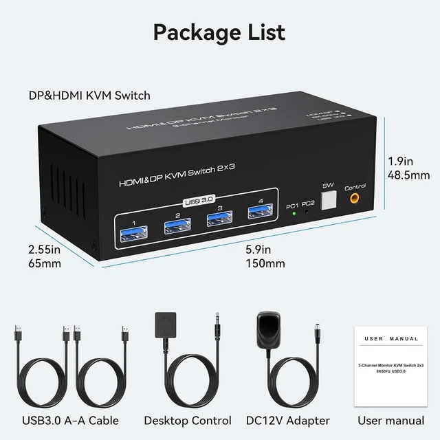 Alt view image 2 of 5 - 8K HDMI 2X1,8K HDMI 2X1 2 Displayport + HDMI KVM Switch 2 PC 3 Monitor 4K144Hz 8K60Hz Triple Monitor KVM Switches for 2 Computers Share 3 Monitors