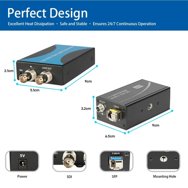 Alt view image 2 of 5 - Regular EU Plug,12G-SDI(RX and TX) Fiber Optic Extender with Loop Out, 4K@60Hz, Single-Mode Single Fiber LC 20km, Supports SD/HD/3G/6G/12G-SDI