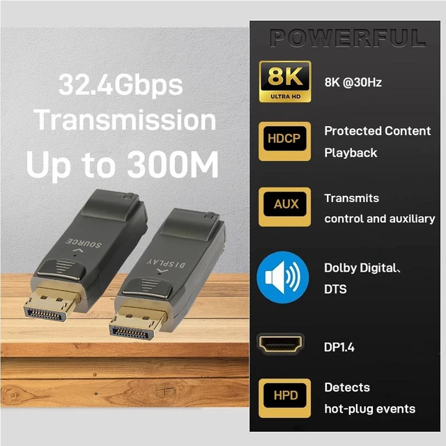 Alt view image 4 of 5 - 8K 30hz,8K@30Hz DisplayPort DP1.4 Fiber Optic Extender, 32.4Gbps Over OM3/OM4 to 300M in Multi-Mode, Supports AUX/HPD/HDCP2.2