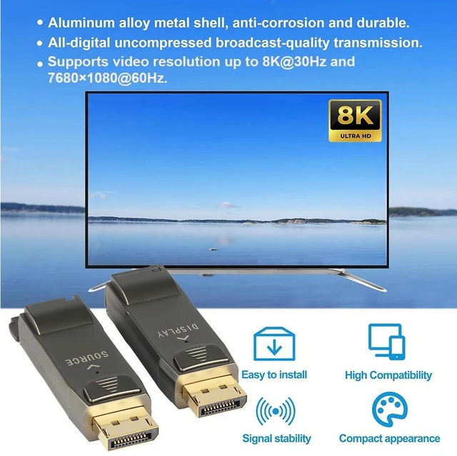 Alt view image 5 of 5 - 8K 30hz,8K@30Hz DisplayPort DP1.4 Fiber Optic Extender, 32.4Gbps Over OM3/OM4 to 300M in Multi-Mode, Supports AUX/HPD/HDCP2.2
