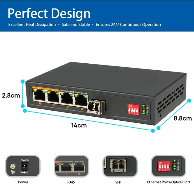 Alt view image 2 of 5 - Single-mode Duplex,LED Display Fiber Media Converter, 4-Port Gigabit Ethernet, 10/100/1000Mbps RJ45 + 10G SFP+, Physically Isolated, Long Distance