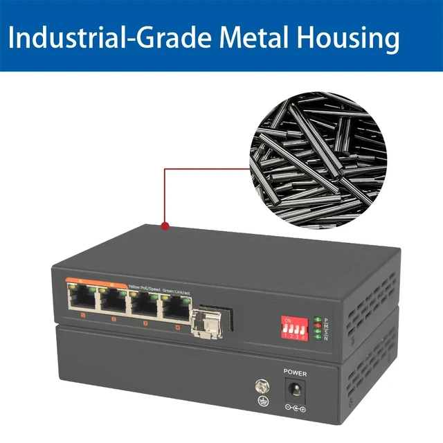 Alt view image 4 of 5 - Single-mode Duplex,LED Display Fiber Media Converter, 4-Port Gigabit Ethernet, 10/100/1000Mbps RJ45 + 10G SFP+, Physically Isolated, Long Distance
