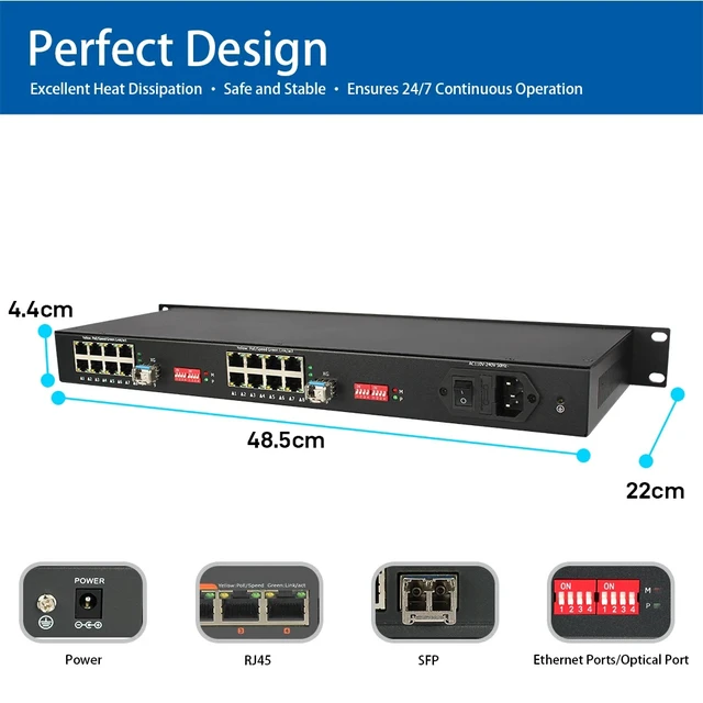 Alt view image 2 of 5 - Singlemode Simplex,LED Display Fiber Media Converter, 16-Port Gigabit Ethernet, 2×10G SFP+, Physically Isolated, TDM Transmission, Rack Mount
