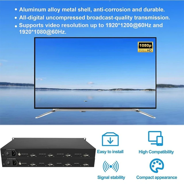 Alt view image 5 of 5 - 4 Channel EU Plug,1920x1080P@60hz DVI Fiber Extender Rackmount Multi-Channel with 3.5mm Audio, 3Gbps 4 Channel SC Singlemode 20KM Transceiver