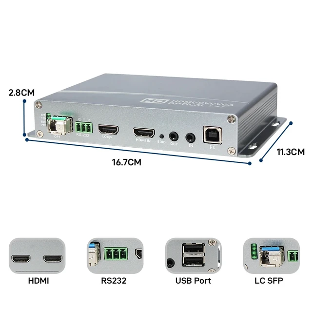 Alt view image 2 of 5 - KVM USB US Plug,1920x1080@60Hz HDMI Fiber Optic Extender, 2 Ports USB+3.5mm Stereo Audio, Full HD Uncompressed Transmit over LC Up to 10KM